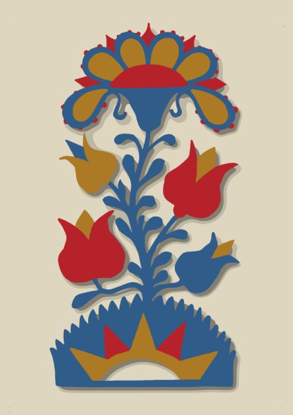 Folk Art of Rural Pennsylvania poster featuring a stylized blue, red, and gold floral design.