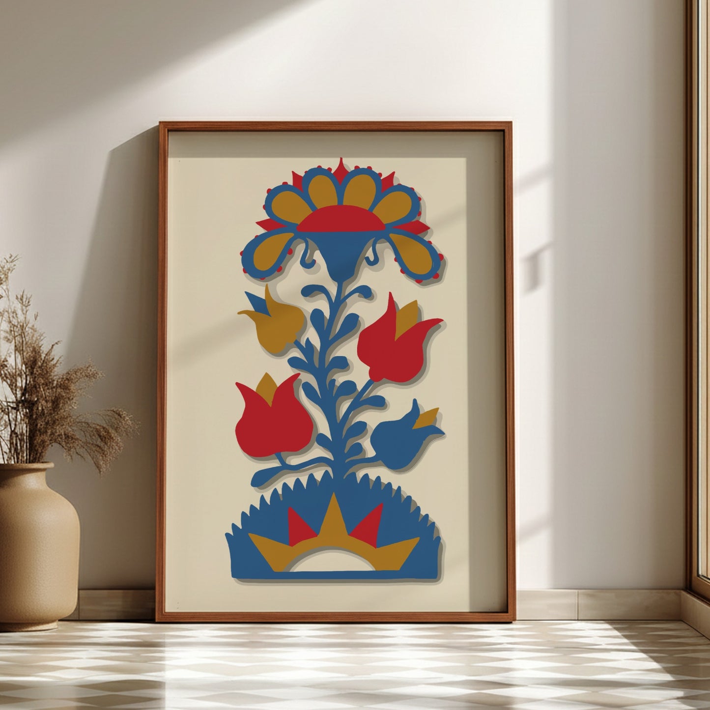 Folk Art of Rural Pennsylvania poster featuring a stylized blue, red, and gold floral design.