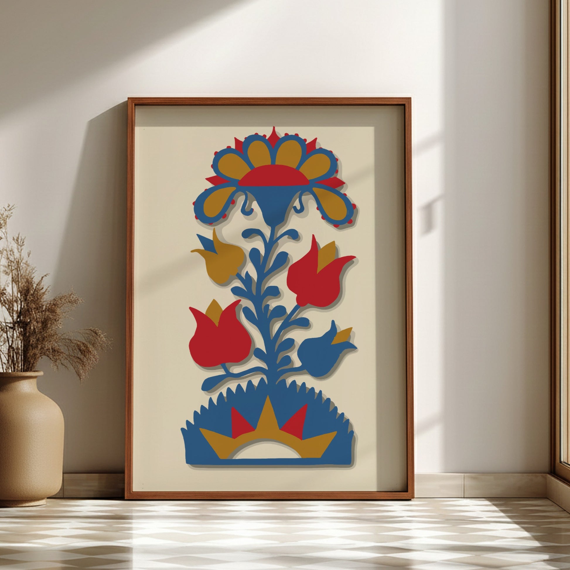 Folk Art of Rural Pennsylvania poster featuring a stylized blue, red, and gold floral design.