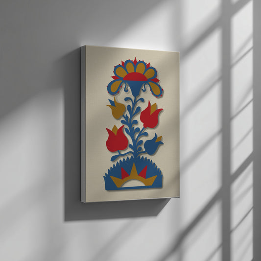 Folk Art of Rural Pennsylvania poster featuring a stylized blue, red, and gold floral design.