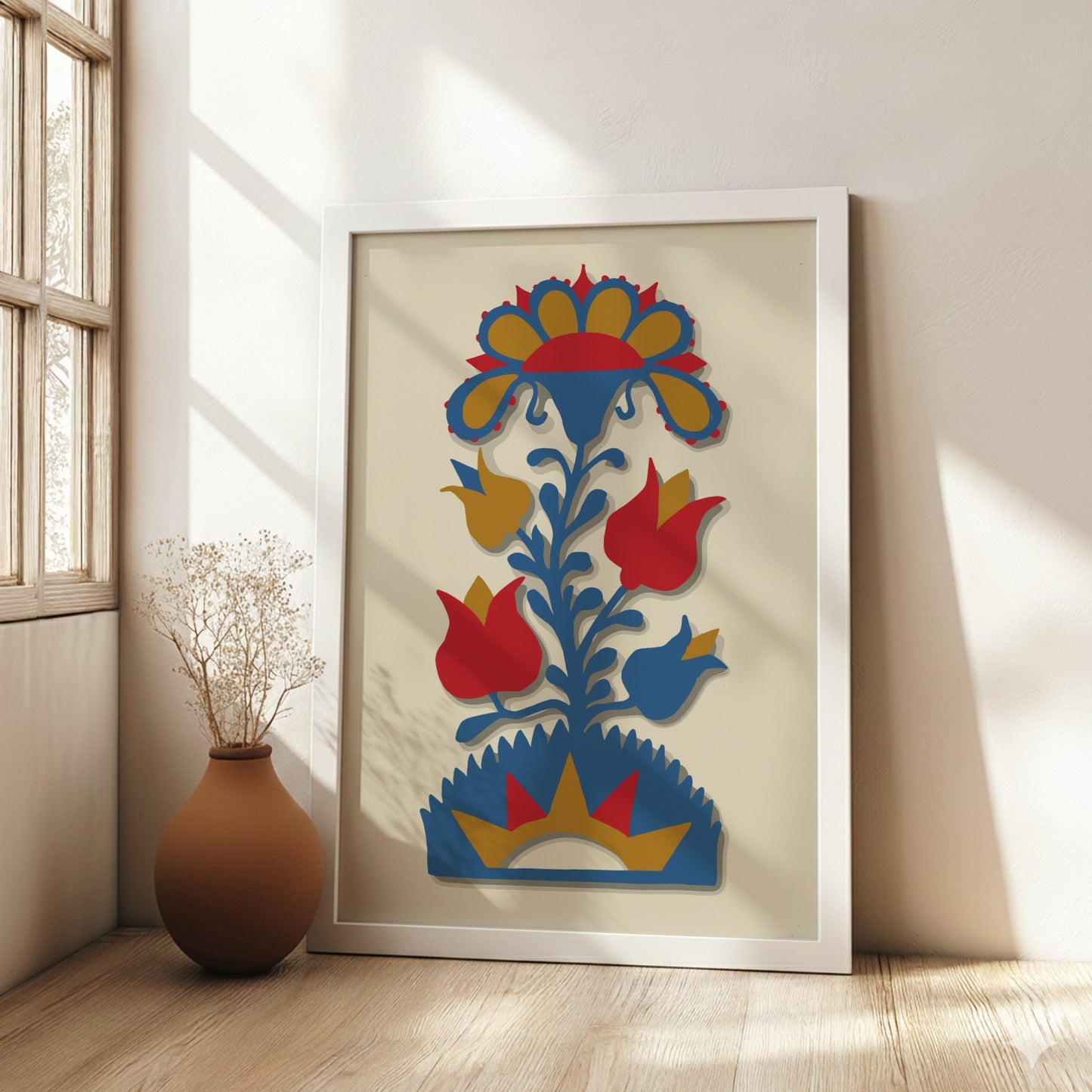 Folk Art of Rural Pennsylvania poster featuring a stylized blue, red, and gold floral design.