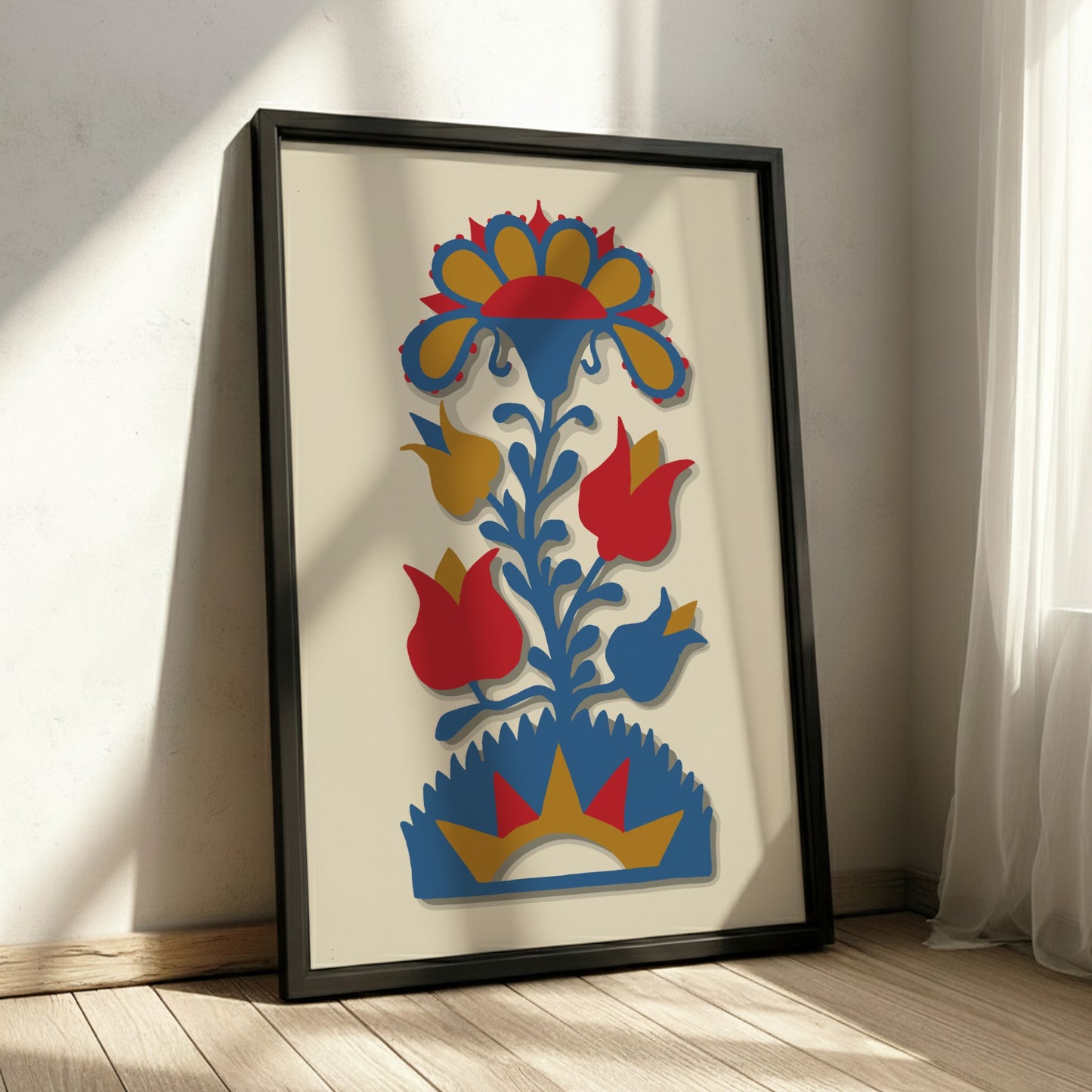 Folk Art of Rural Pennsylvania poster featuring a stylized blue, red, and gold floral design.