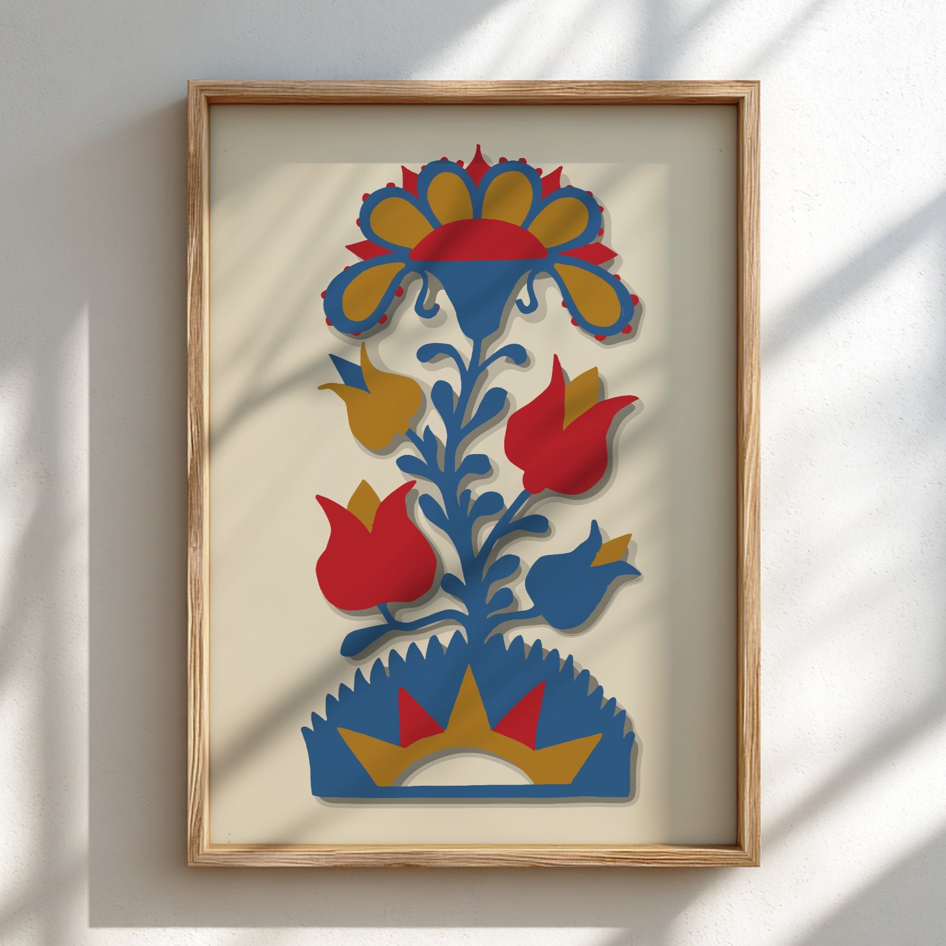 Folk Art of Rural Pennsylvania poster featuring a stylized blue, red, and gold floral design.