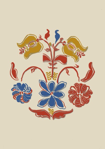 Folk Art of Rural Pennsylvania poster featuring a stylized floral design in blue, red, and yellow on a cream