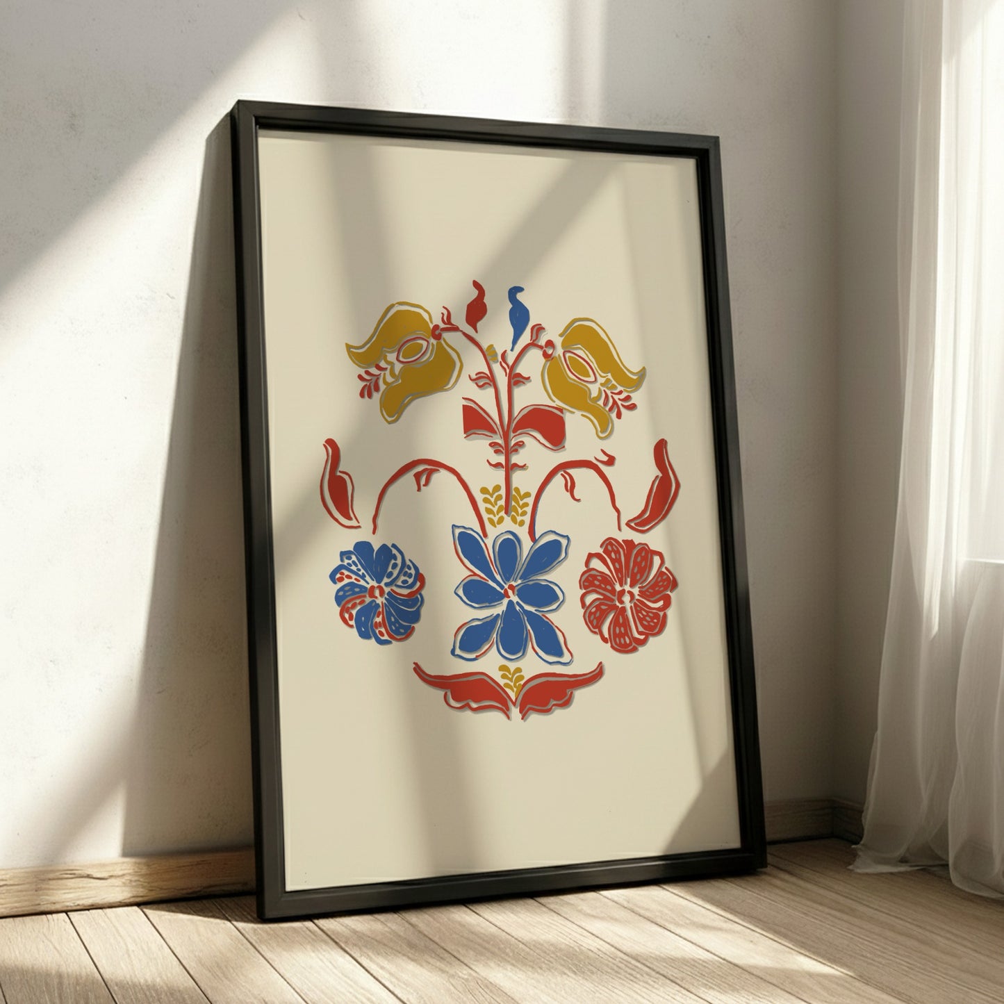 Folk Art of Rural Pennsylvania poster featuring a stylized floral design in blue, red, and yellow on a cream