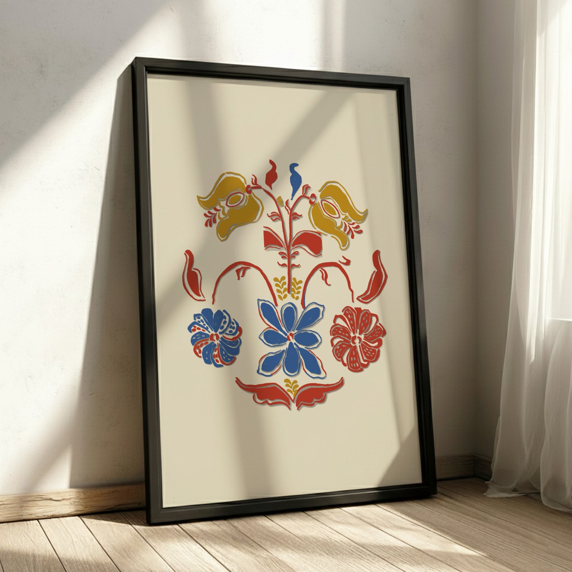Folk Art of Rural Pennsylvania poster featuring a stylized floral design in blue, red, and yellow on a cream