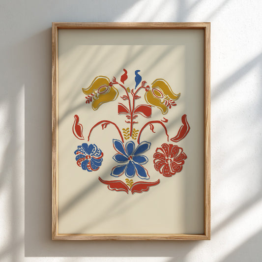 Folk Art of Rural Pennsylvania poster featuring a stylized floral design in blue, red, and yellow on a cream