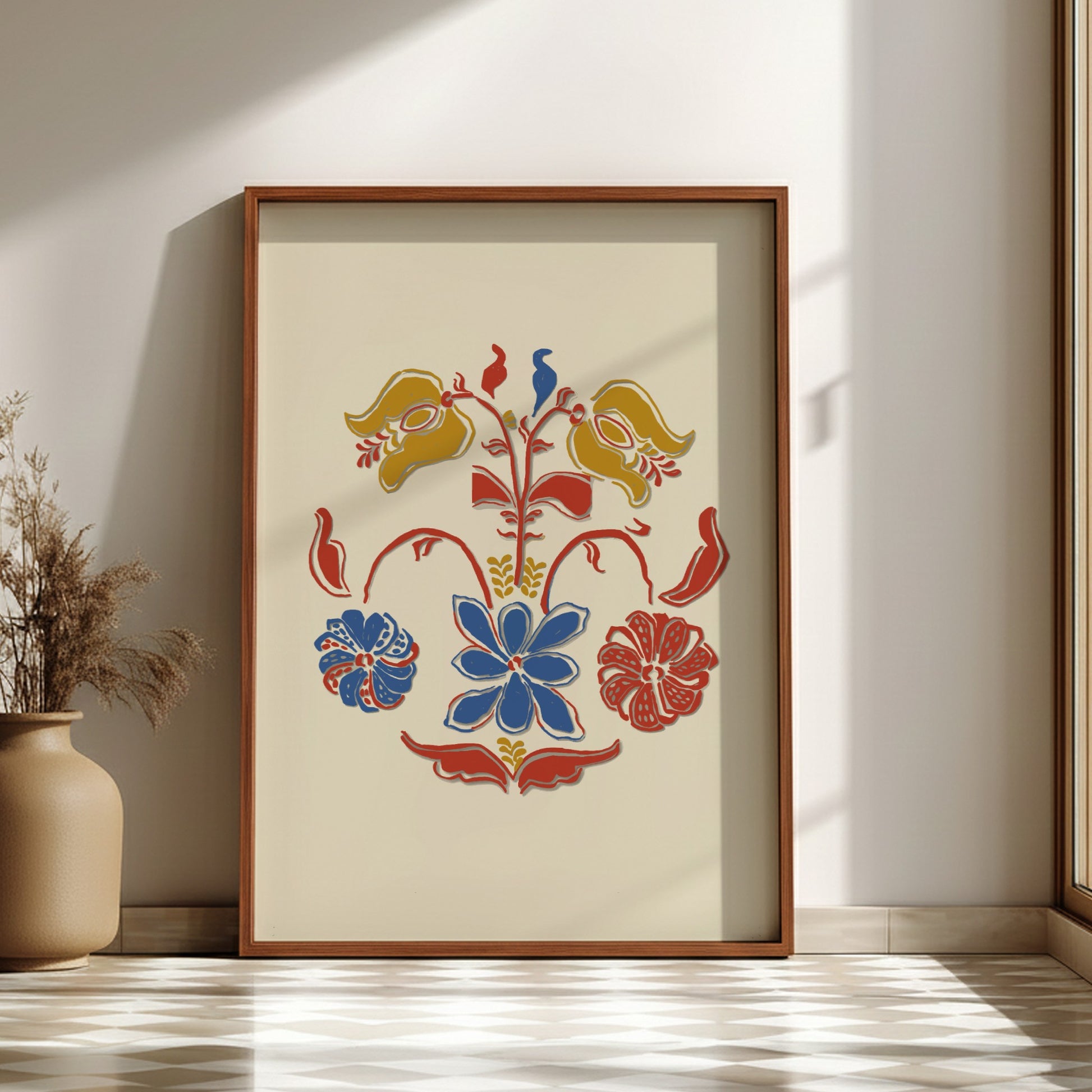 Folk Art of Rural Pennsylvania poster featuring a stylized floral design in blue, red, and yellow on a cream