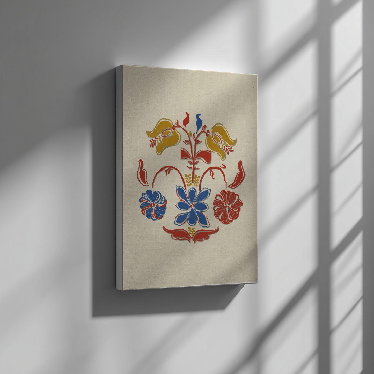 Folk Art of Rural Pennsylvania poster featuring a stylized floral design in blue, red, and yellow on a cream