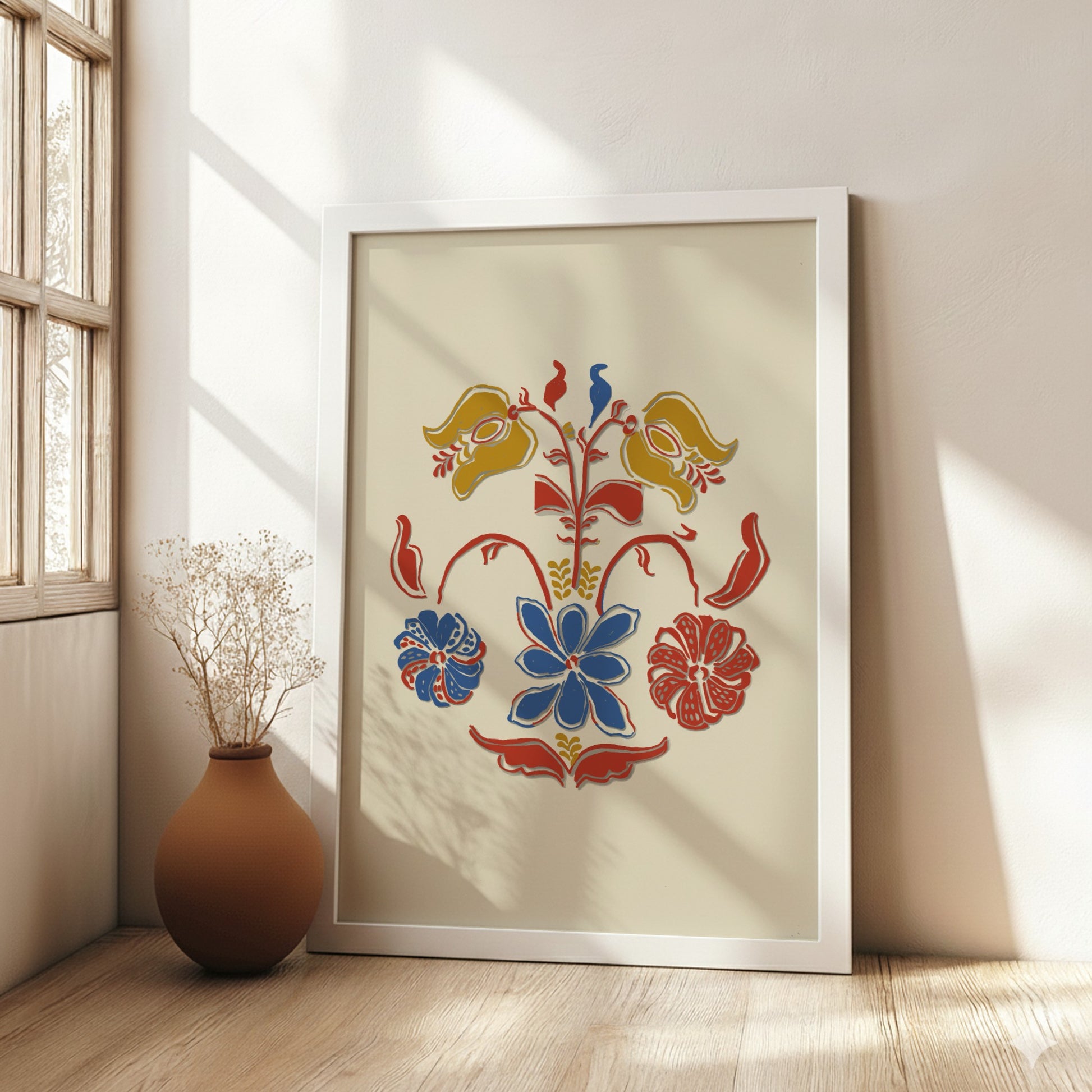 Folk Art of Rural Pennsylvania poster featuring a stylized floral design in blue, red, and yellow on a cream