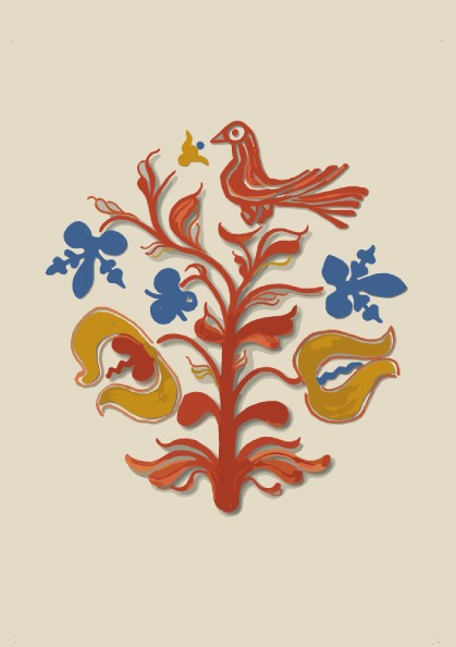 Folk Art of Rural Pennsylvania poster featuring a red bird and stylized tree in red, blue, and yellow.