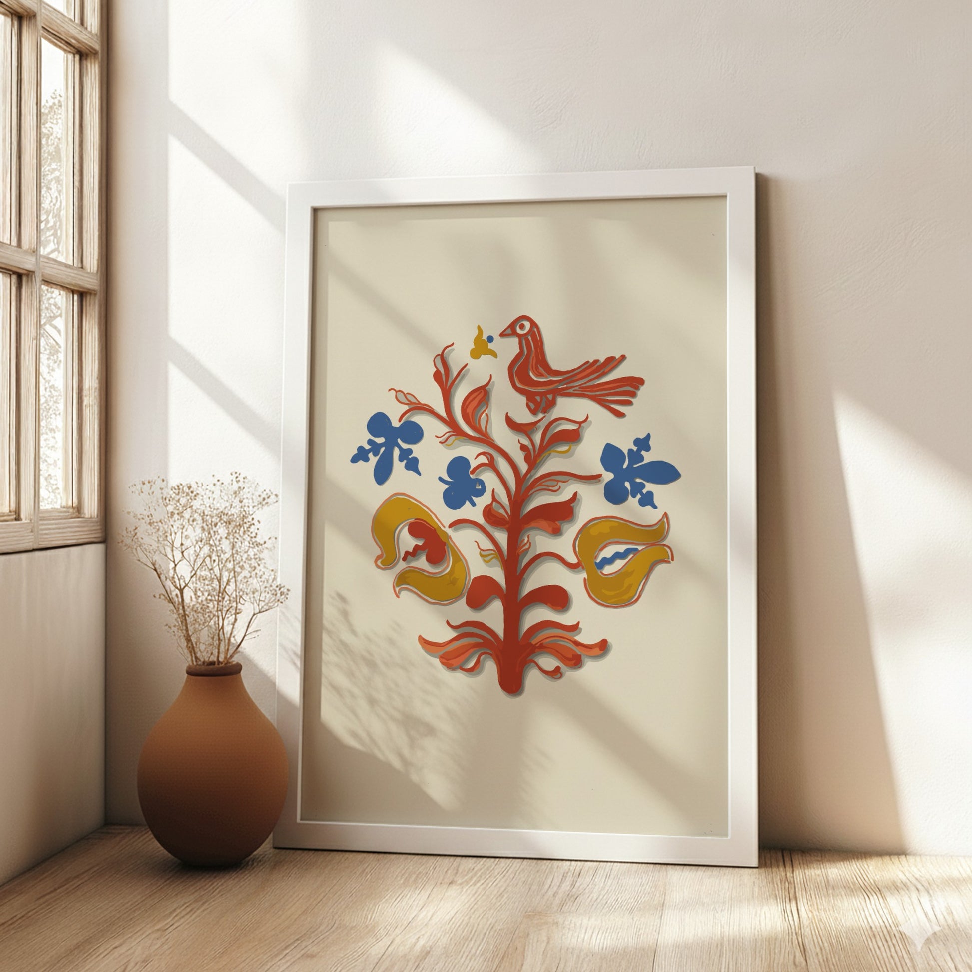 Folk Art of Rural Pennsylvania poster featuring a red bird and stylized tree in red, blue, and yellow.