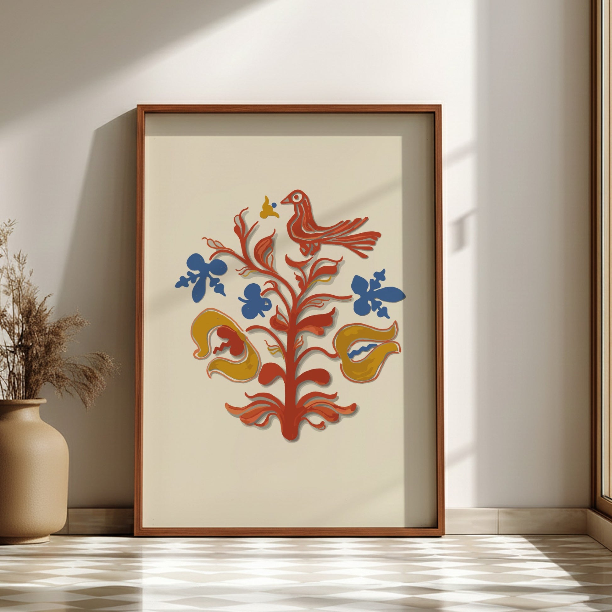 Folk Art of Rural Pennsylvania poster featuring a red bird and stylized tree in red, blue, and yellow.