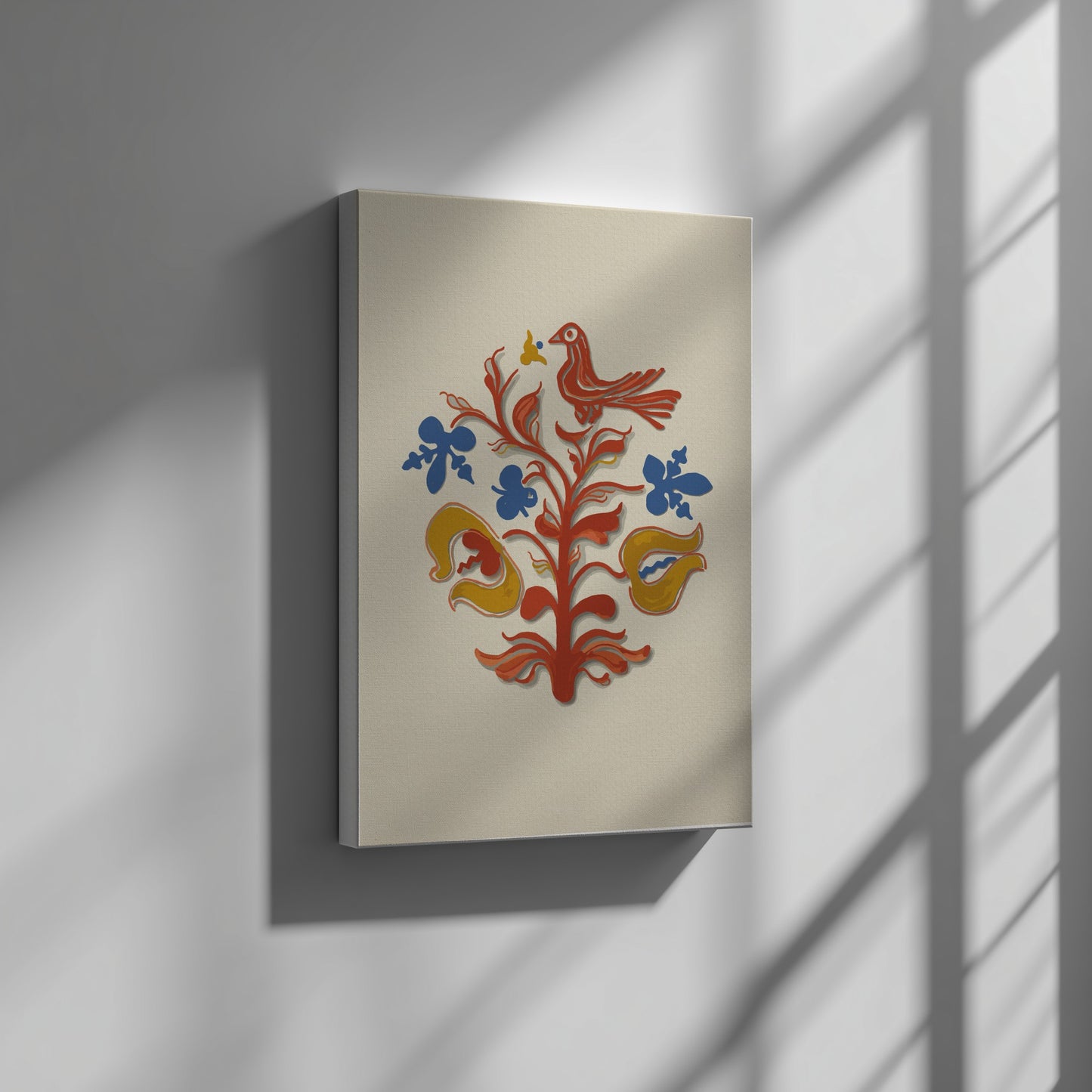 Folk Art of Rural Pennsylvania poster featuring a red bird and stylized tree in red, blue, and yellow.