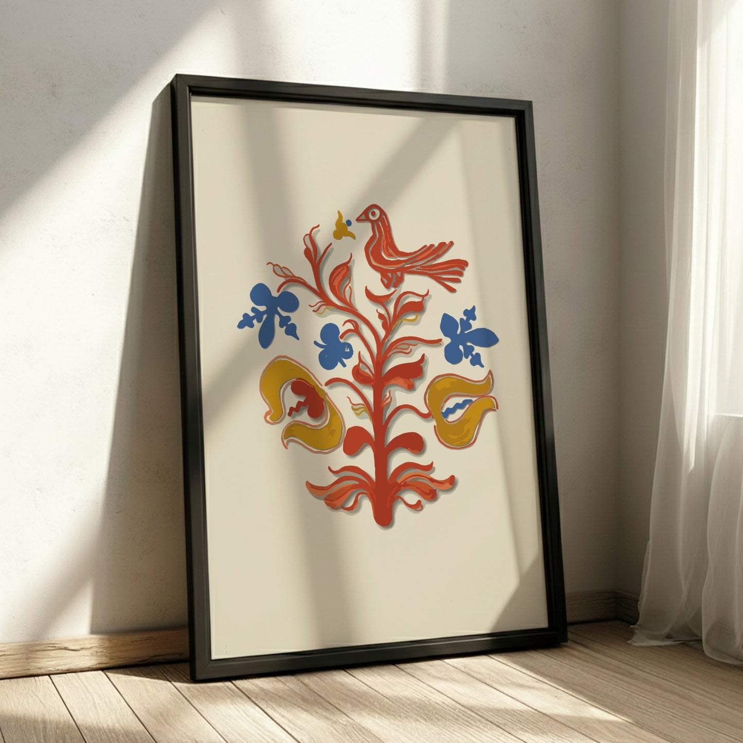Folk Art of Rural Pennsylvania poster featuring a red bird and stylized tree in red, blue, and yellow.