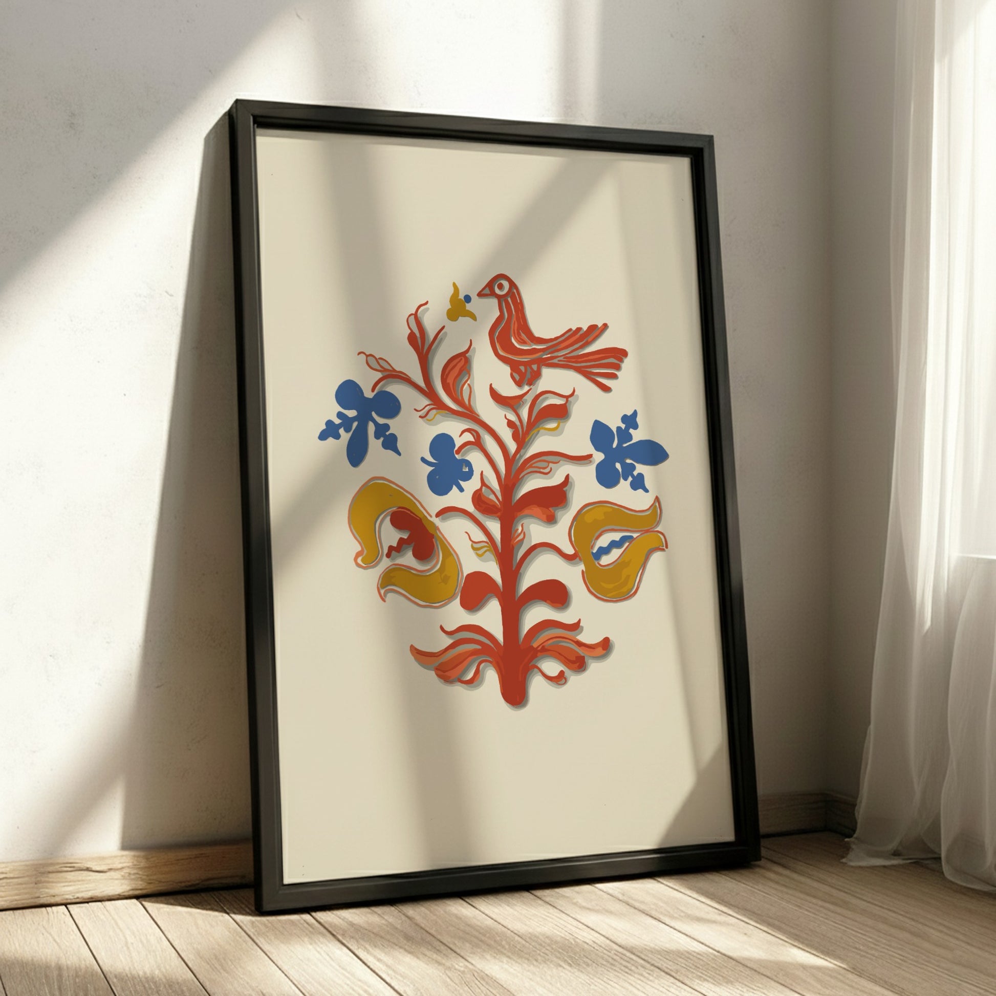 Folk Art of Rural Pennsylvania poster featuring a red bird and stylized tree in red, blue, and yellow.