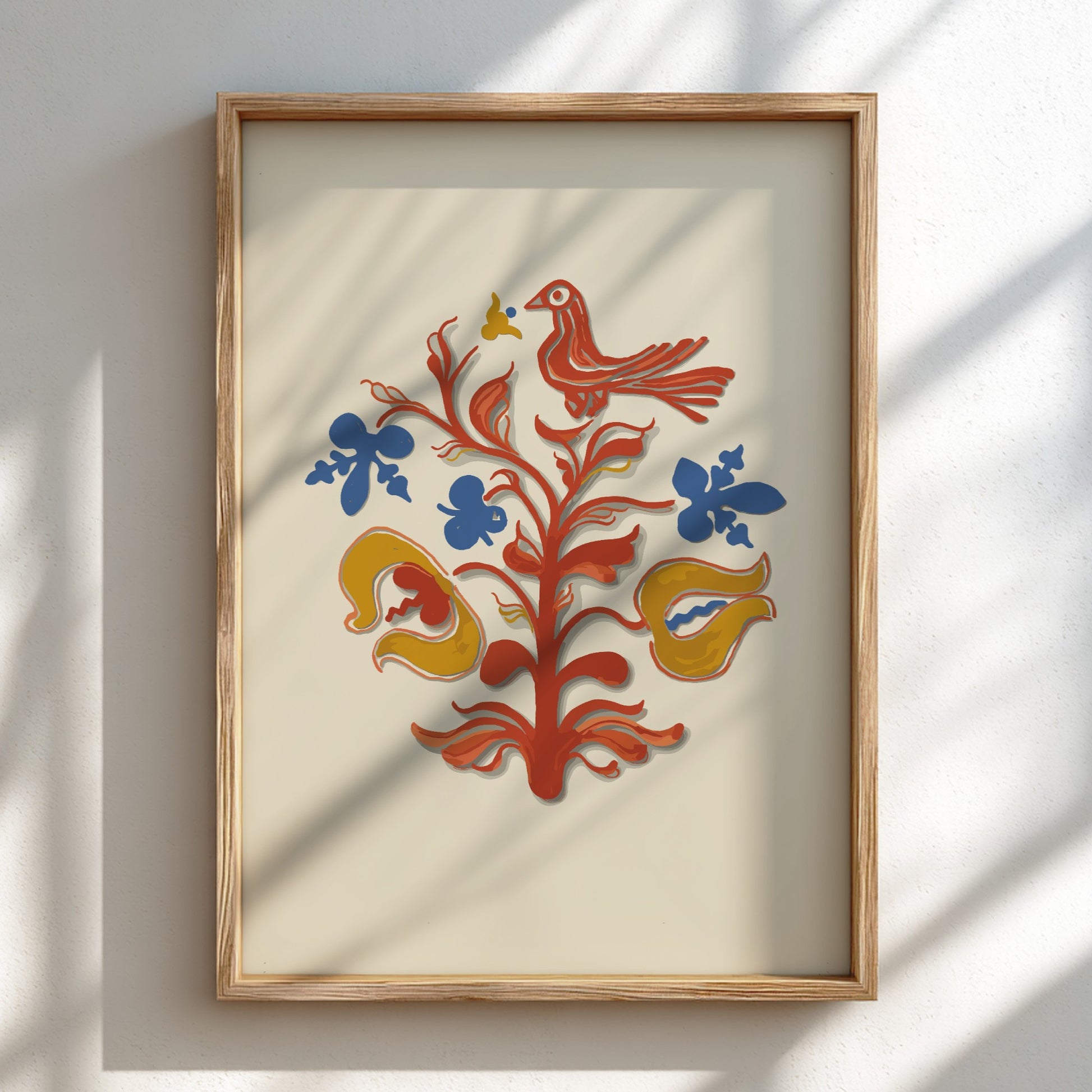 Folk Art of Rural Pennsylvania poster featuring a red bird and stylized tree in red, blue, and yellow.