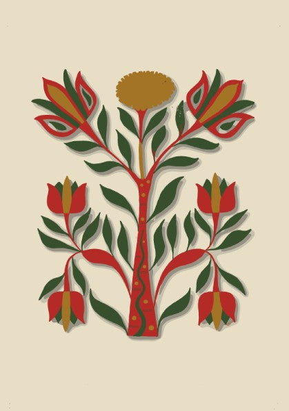 Folk art poster of a stylized tree with red, green, and gold flowers and leaves on a cream background.
