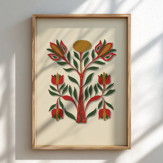 Folk art poster of a stylized tree with red, green, and gold flowers and leaves on a cream background.
