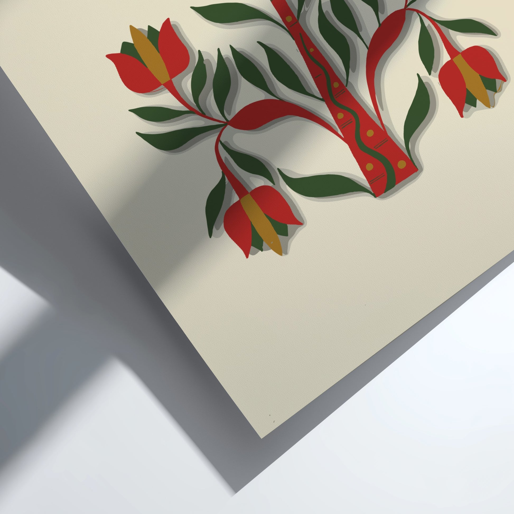 Folk art poster of a stylized tree with red, green, and gold flowers and leaves on a cream background.