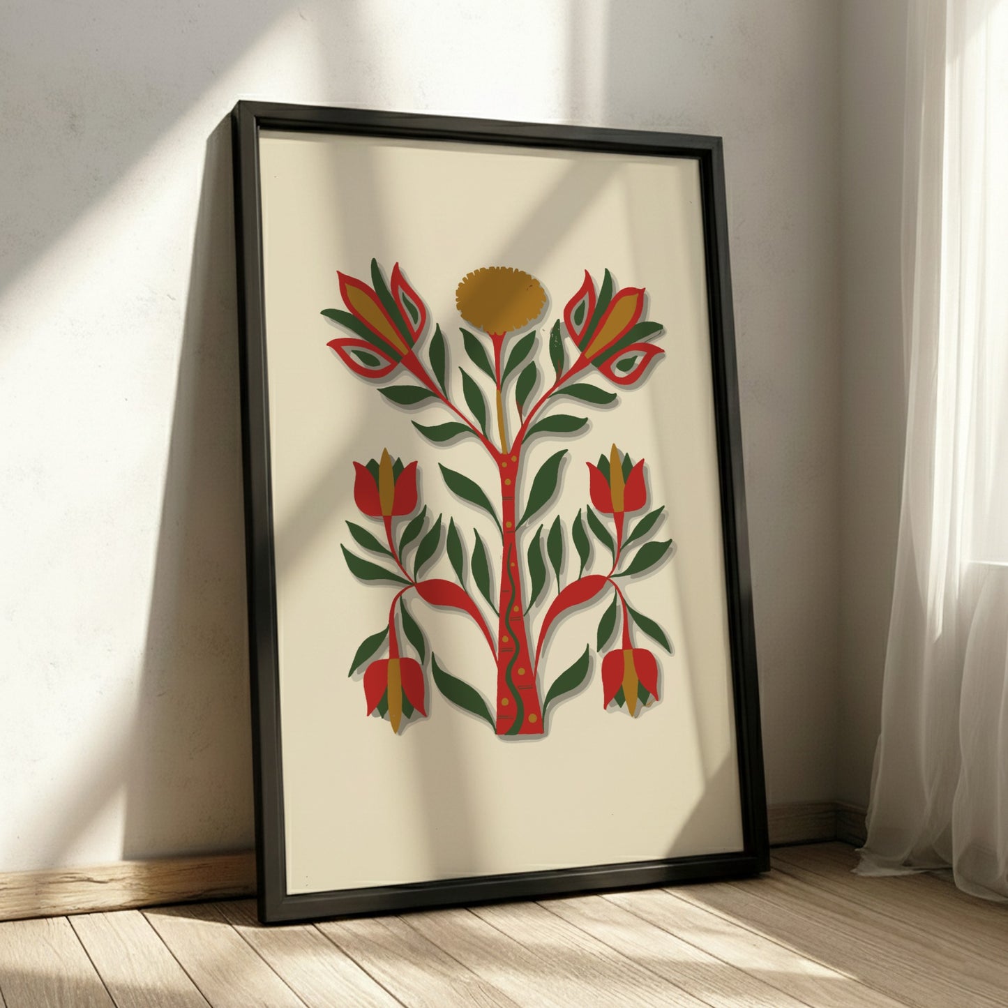 Folk art poster of a stylized tree with red, green, and gold flowers and leaves on a cream background.