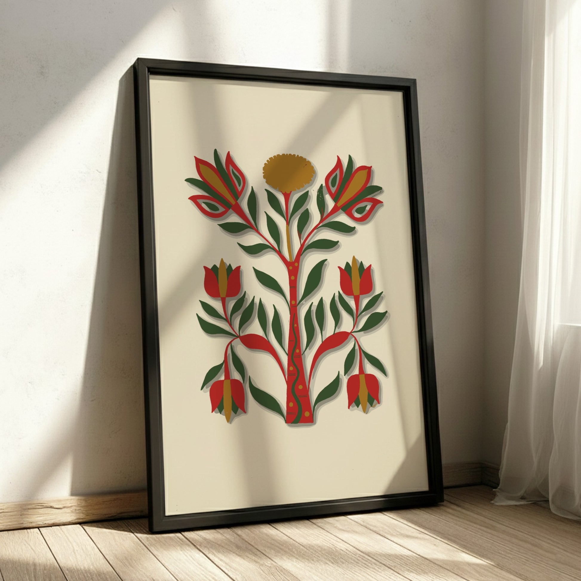 Folk art poster of a stylized tree with red, green, and gold flowers and leaves on a cream background.