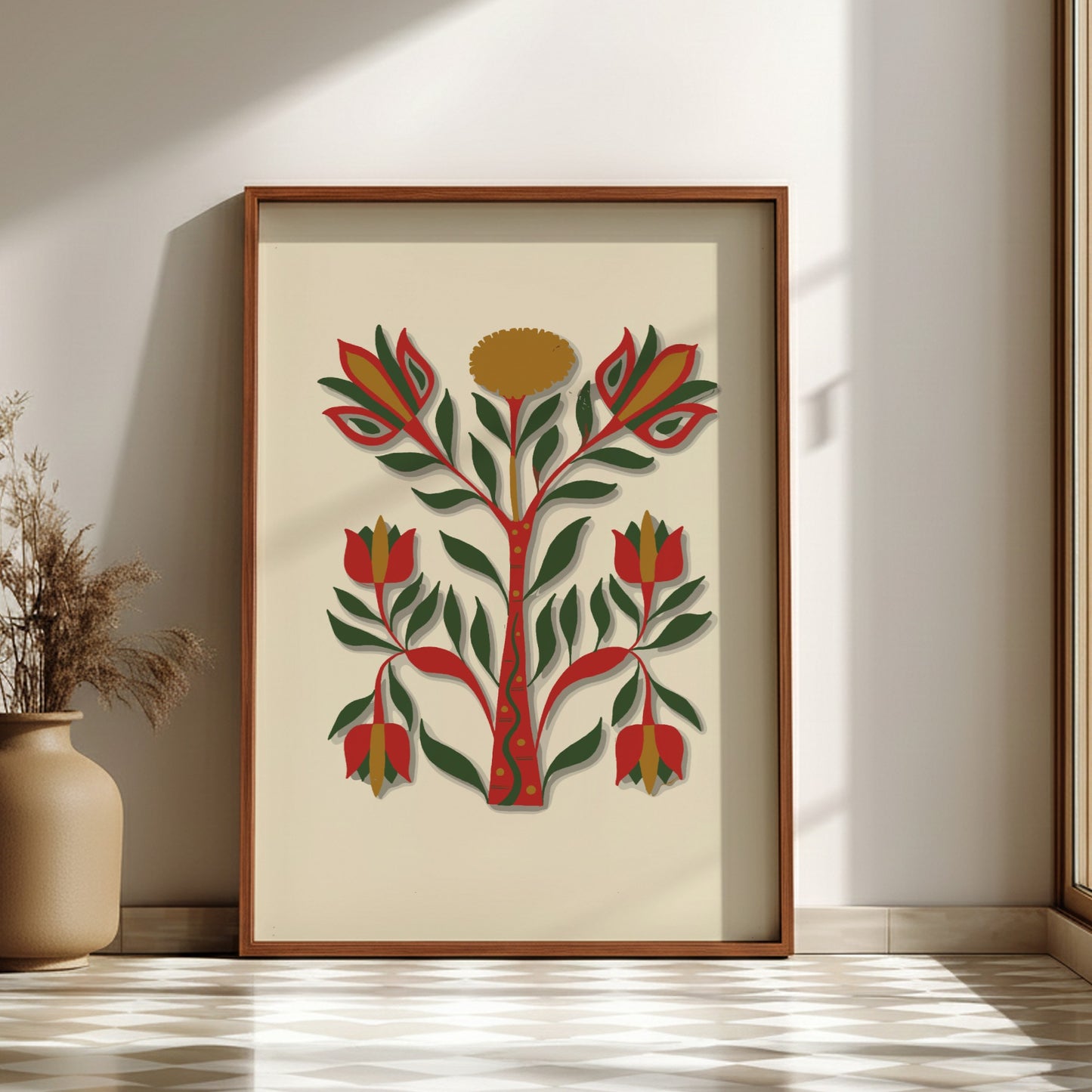 Folk art poster of a stylized tree with red, green, and gold flowers and leaves on a cream background.