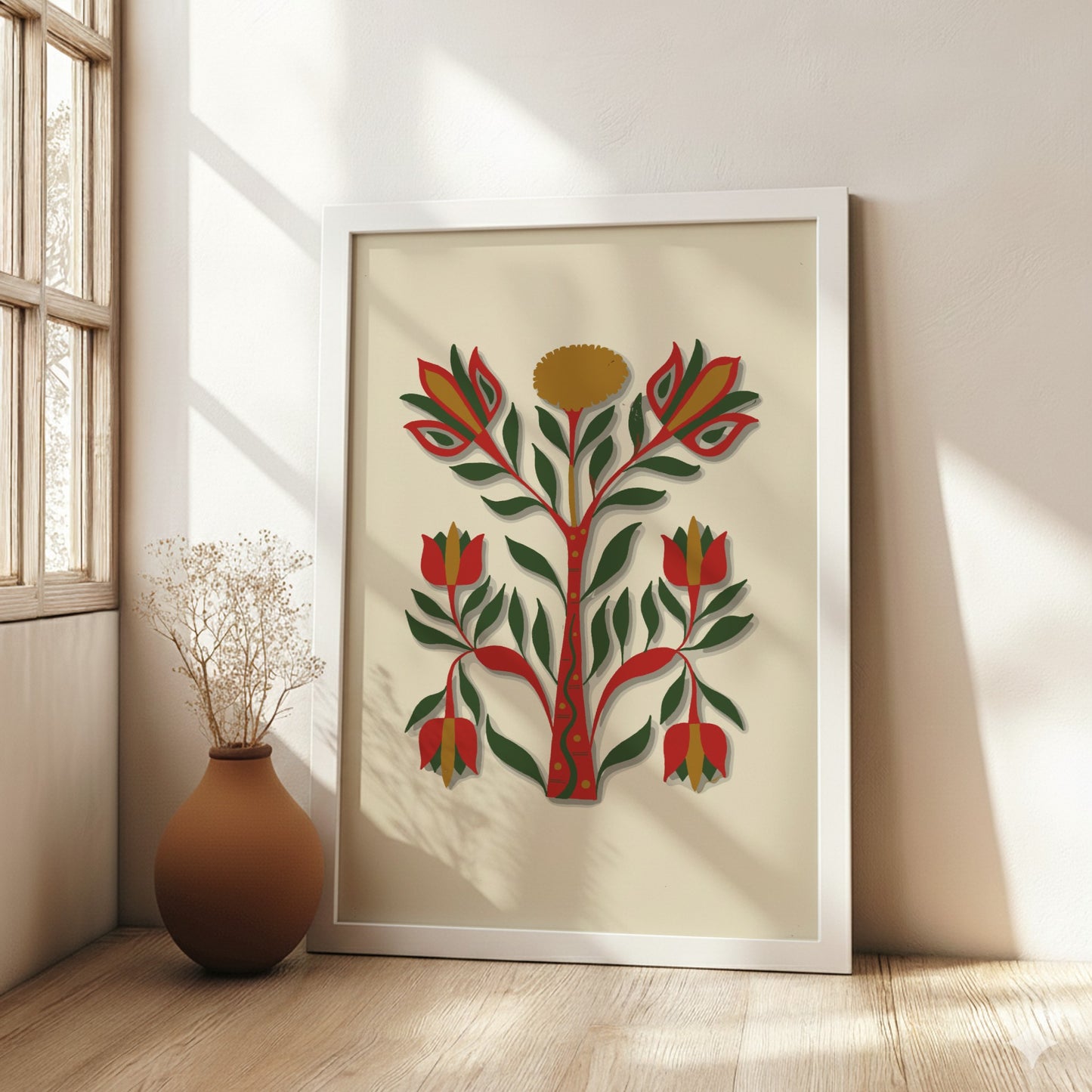 Folk art poster of a stylized tree with red, green, and gold flowers and leaves on a cream background.