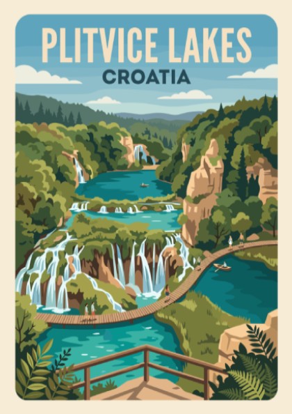 Plitvice Lakes Croatia travel poster featuring cascading waterfalls and turquoise pools in vintage style