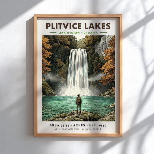 Poster of Plitvice Lakes featuring a hiker looking at the Veliki Slap waterfall.