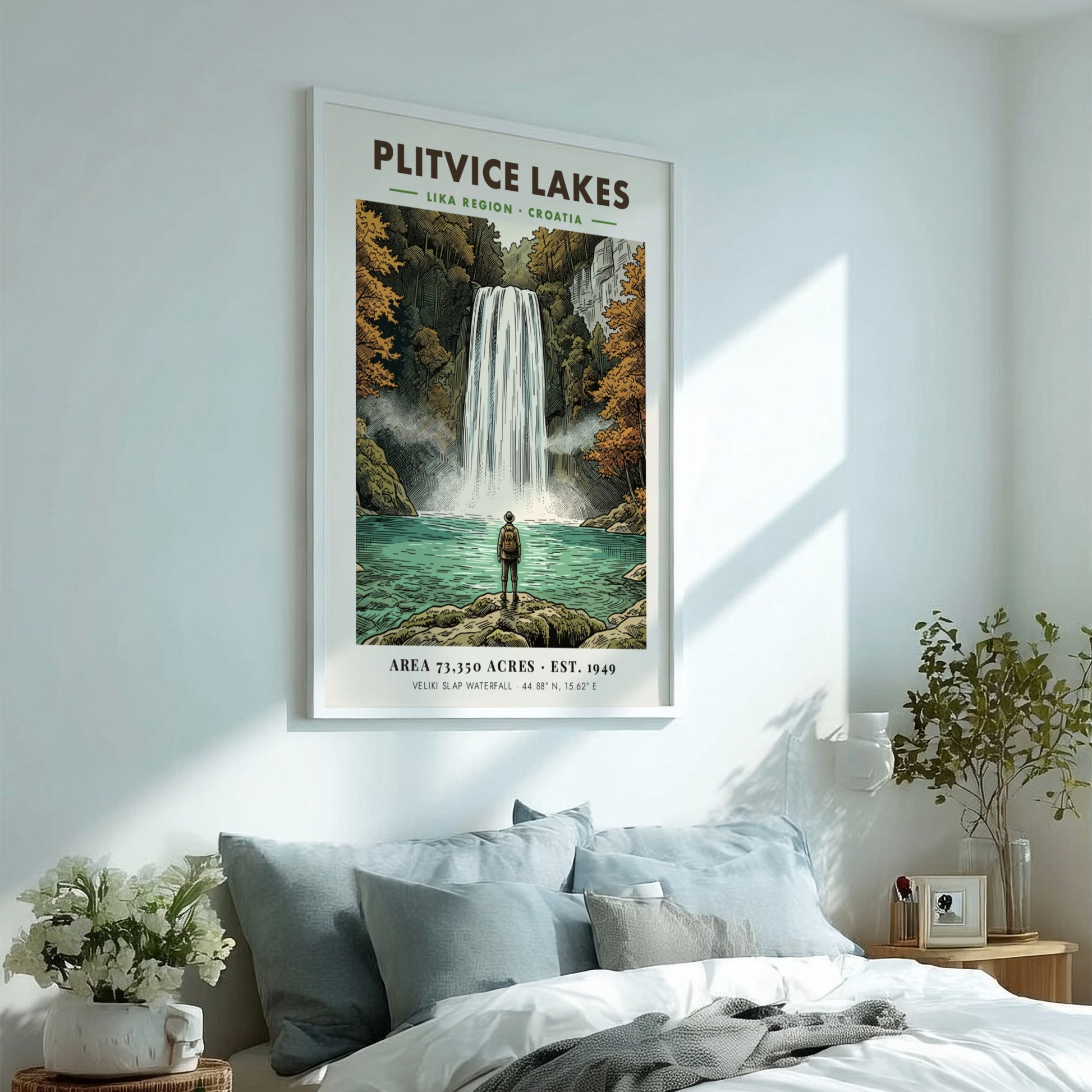 Poster of Plitvice Lakes featuring a hiker looking at the Veliki Slap waterfall.