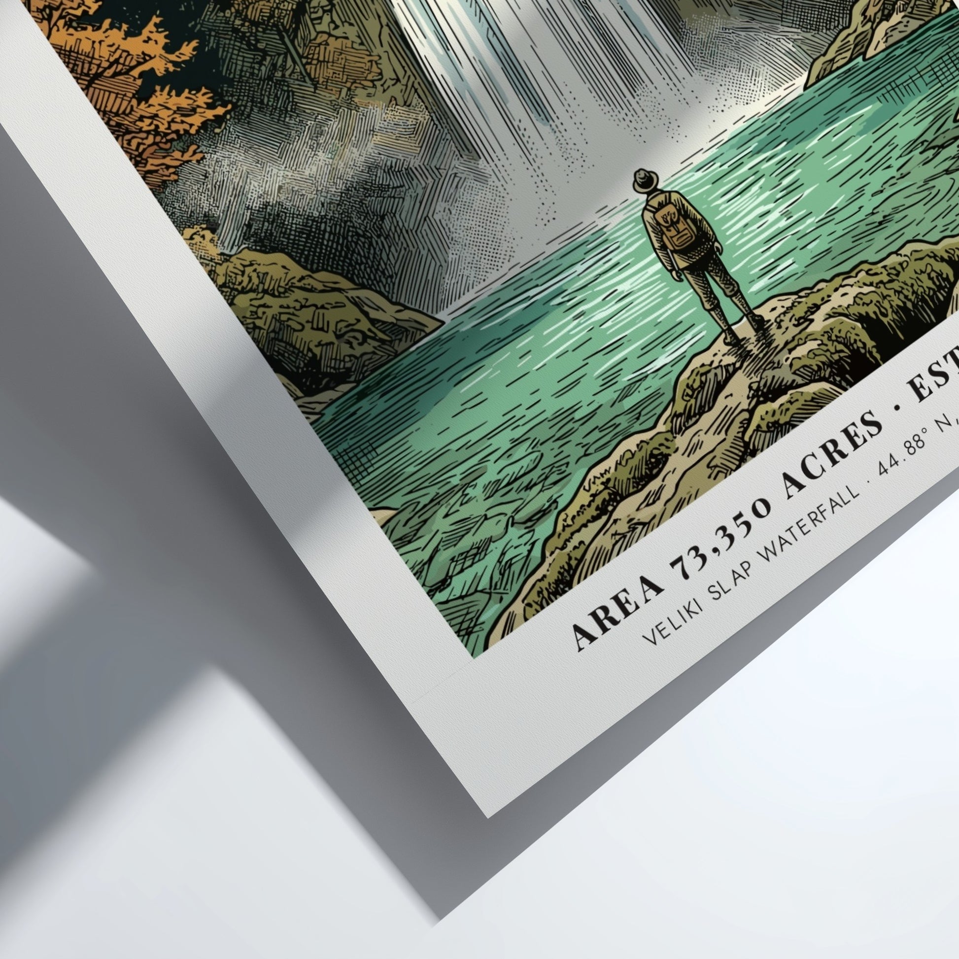 Poster of Plitvice Lakes featuring a hiker looking at the Veliki Slap waterfall.