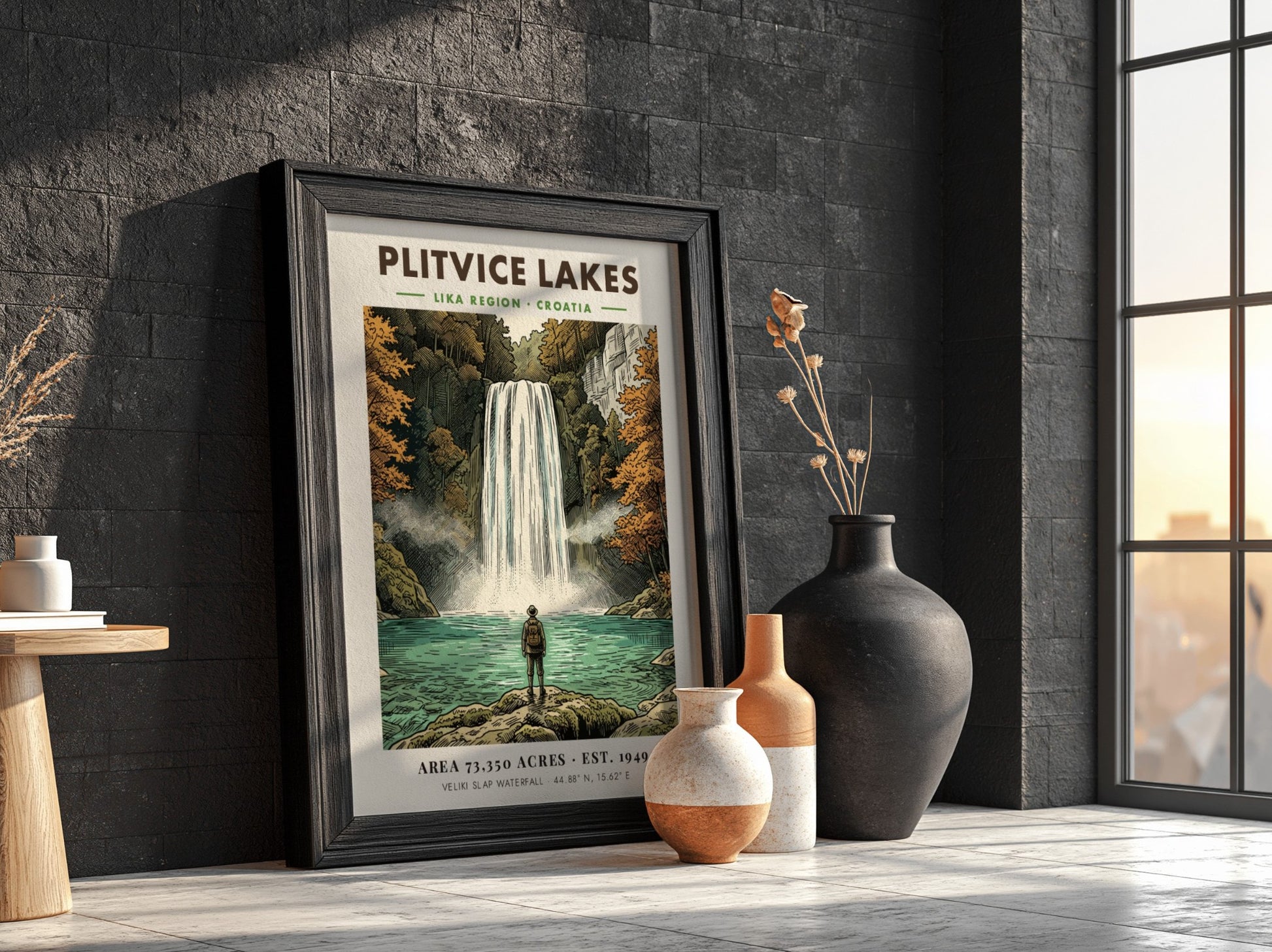 Poster of Plitvice Lakes featuring a hiker looking at the Veliki Slap waterfall.