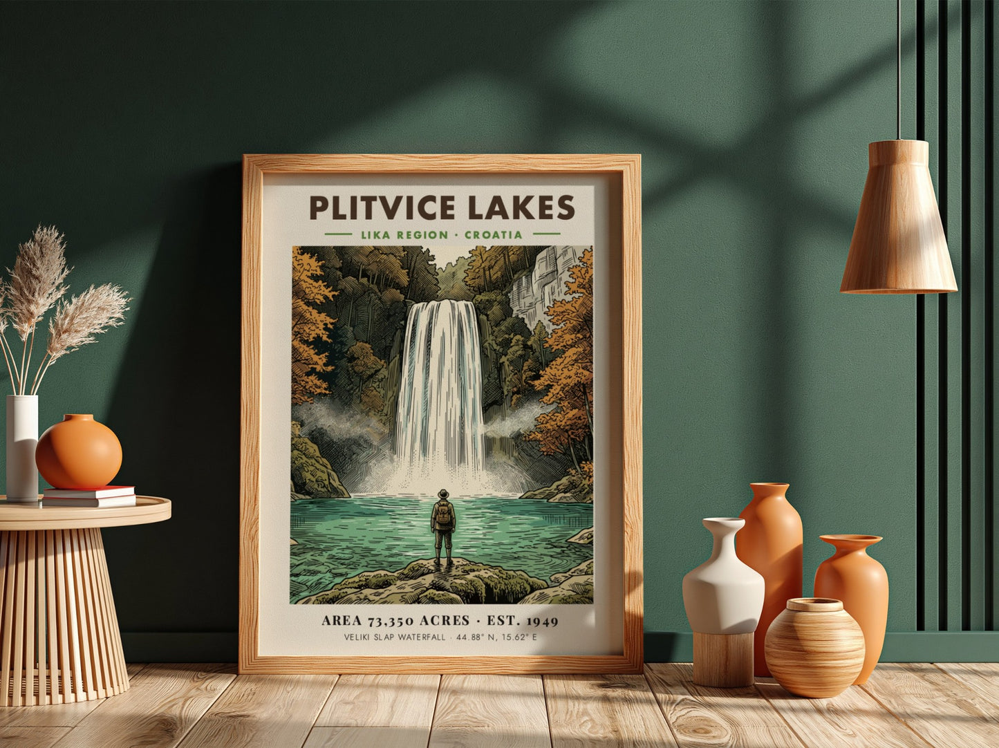 Poster of Plitvice Lakes featuring a hiker looking at the Veliki Slap waterfall.