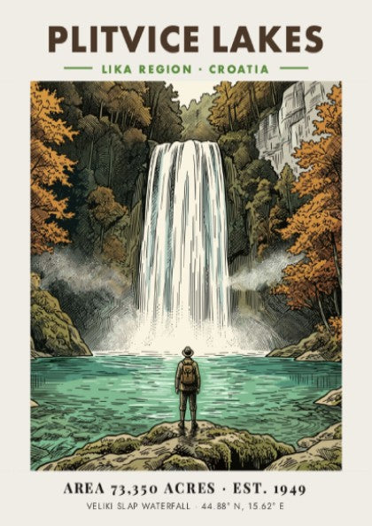 Poster of Plitvice Lakes featuring a hiker looking at the Veliki Slap waterfall.