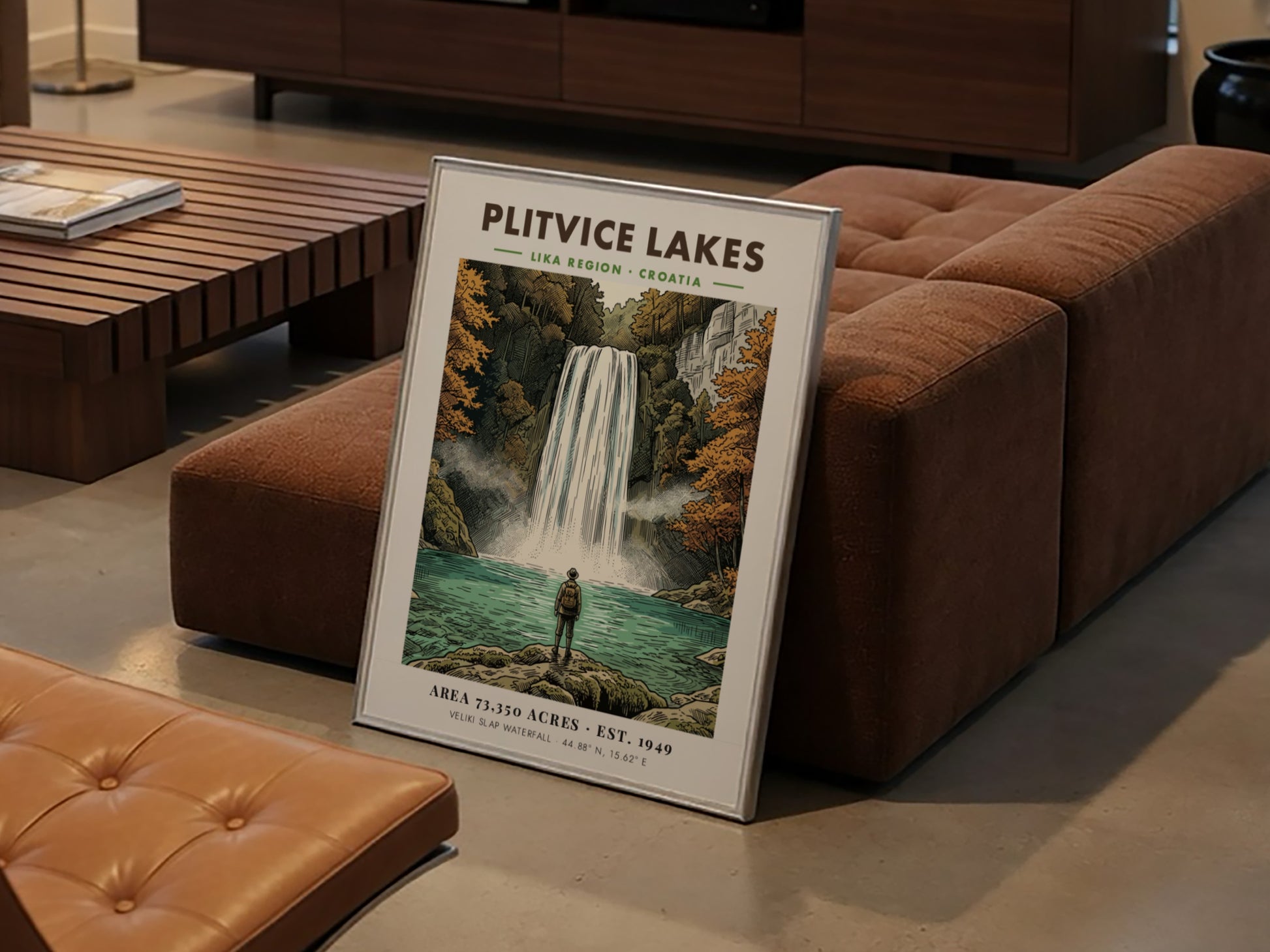 Poster of Plitvice Lakes featuring a hiker looking at the Veliki Slap waterfall.