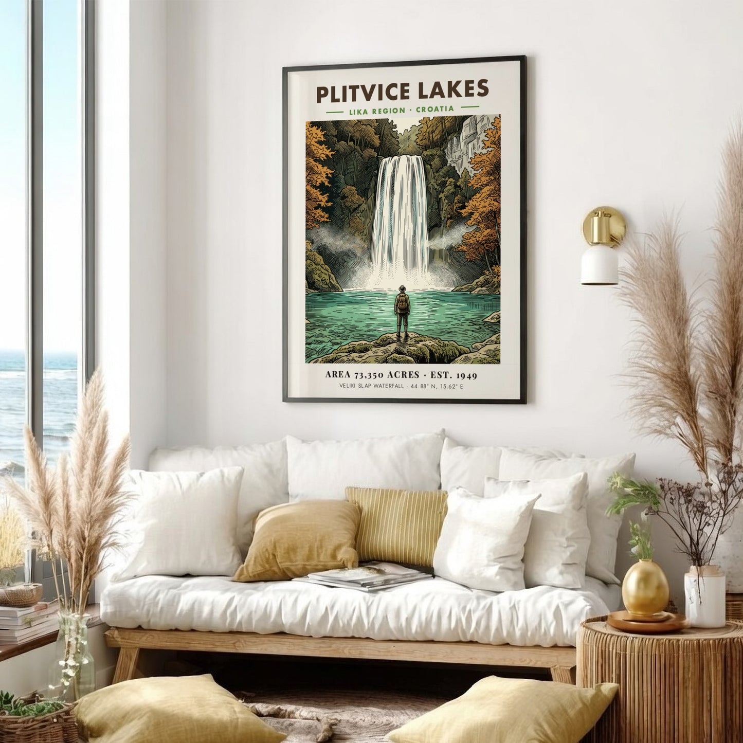 Poster of Plitvice Lakes featuring a hiker looking at the Veliki Slap waterfall.