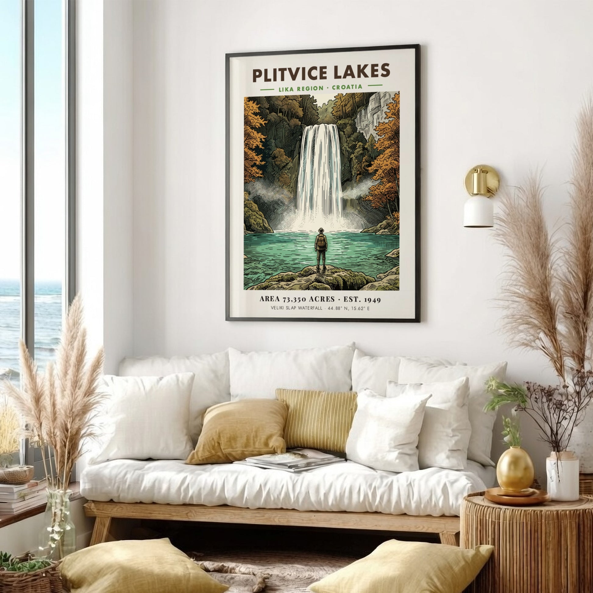 Poster of Plitvice Lakes featuring a hiker looking at the Veliki Slap waterfall.