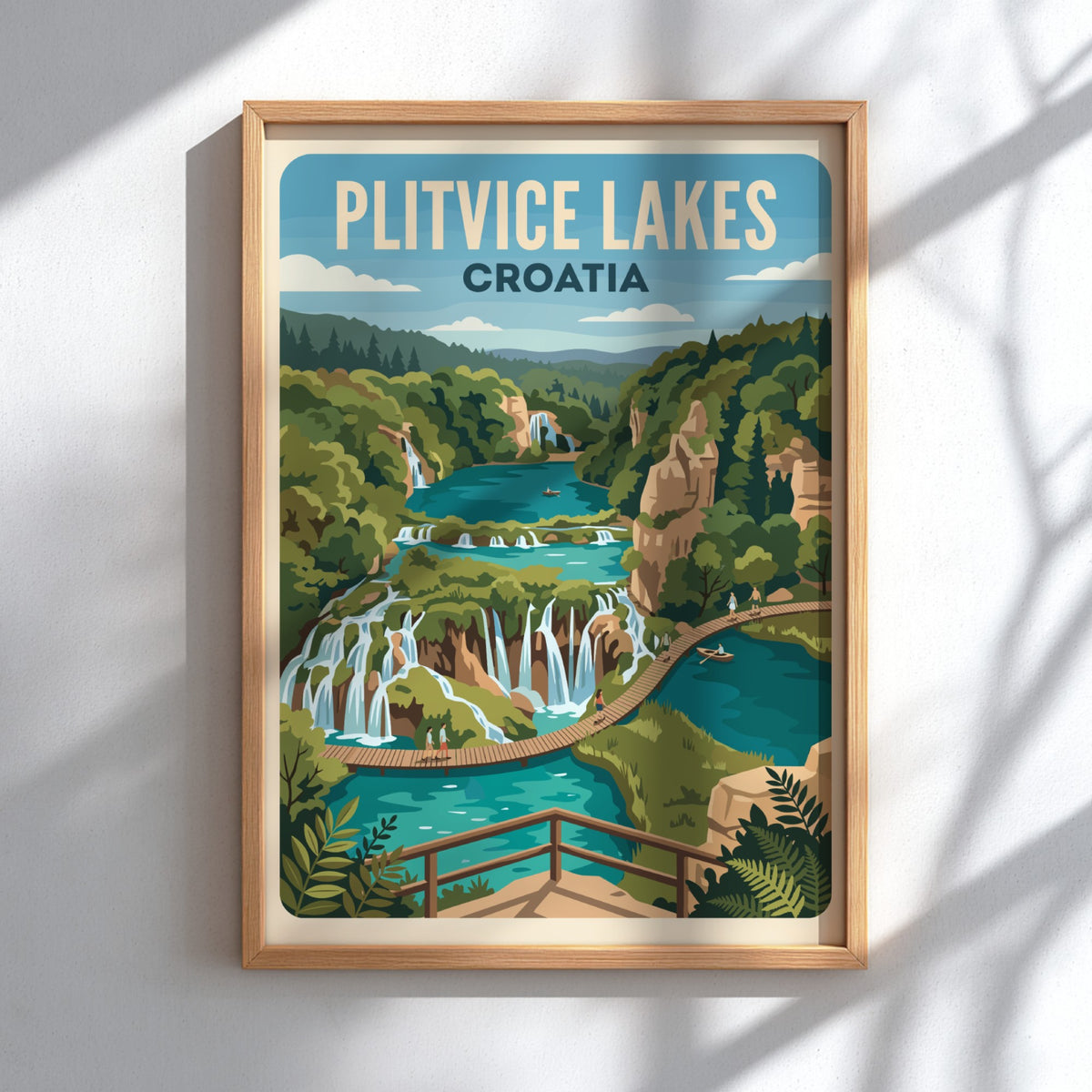 Plitvice Lakes Croatia travel poster featuring cascading waterfalls and turquoise pools in vintage style