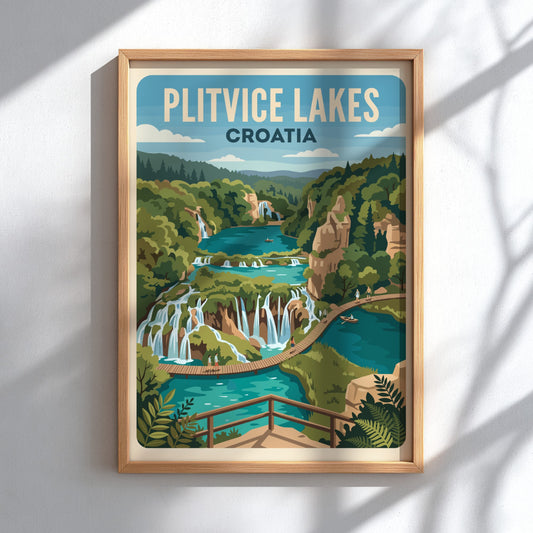 Plitvice Lakes Croatia travel poster featuring cascading waterfalls and turquoise pools in vintage style