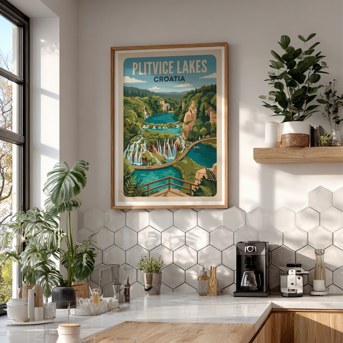 Plitvice Lakes Croatia travel poster featuring cascading waterfalls and turquoise pools in vintage style