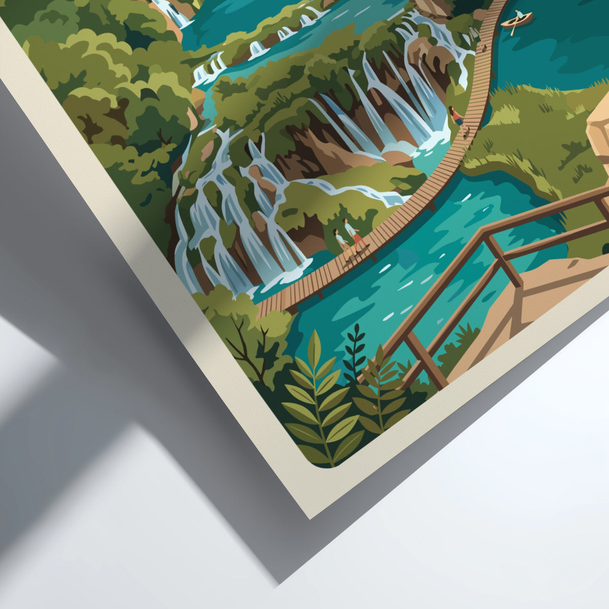 Plitvice Lakes Croatia travel poster featuring cascading waterfalls and turquoise pools in vintage style