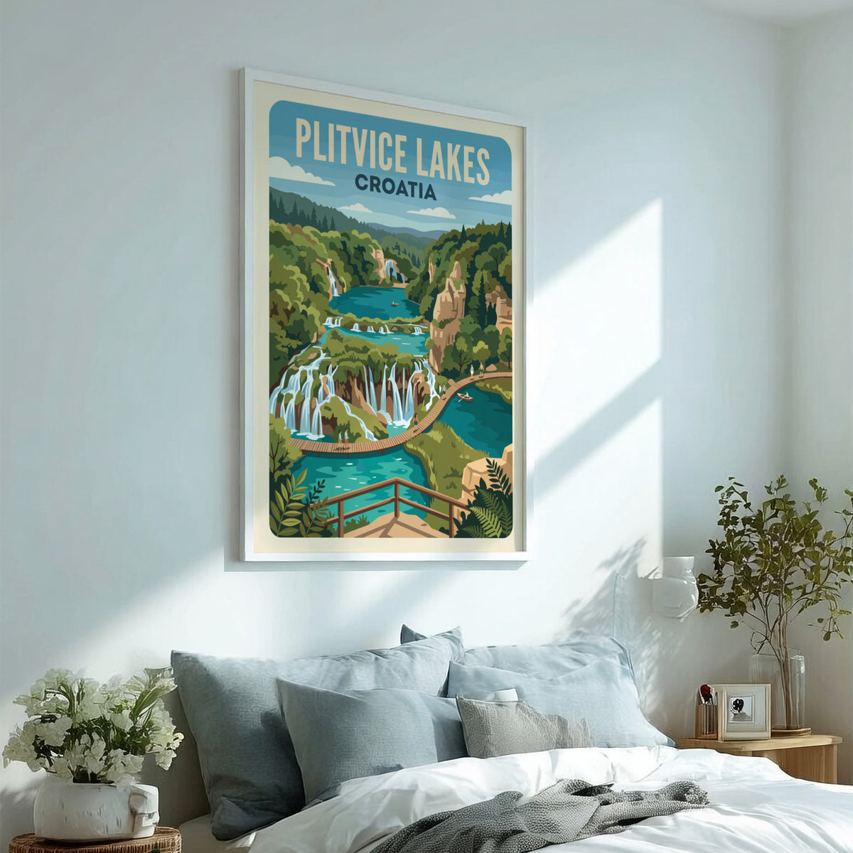 Plitvice Lakes Croatia travel poster featuring cascading waterfalls and turquoise pools in vintage style