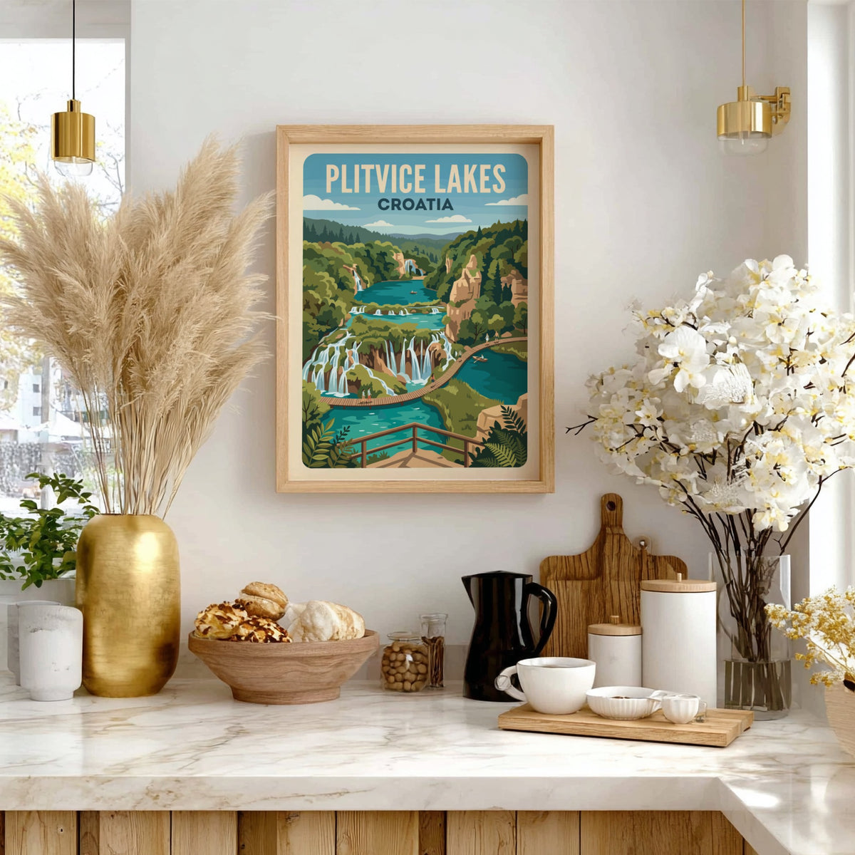 Plitvice Lakes Croatia travel poster featuring cascading waterfalls and turquoise pools in vintage style
