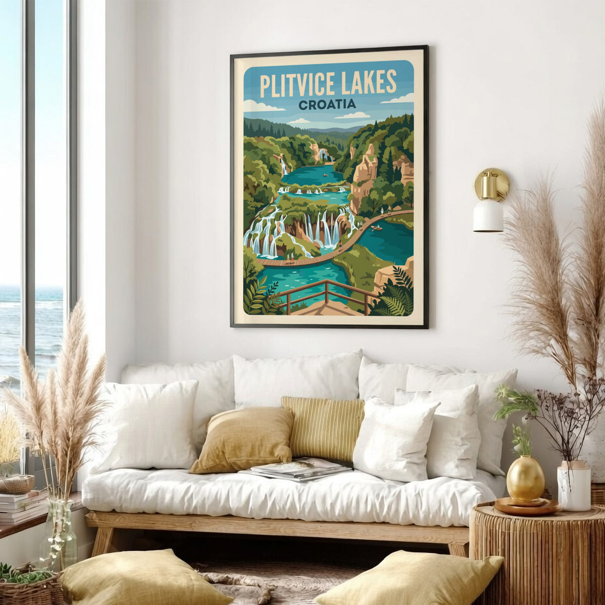 Plitvice Lakes Croatia travel poster featuring cascading waterfalls and turquoise pools in vintage style