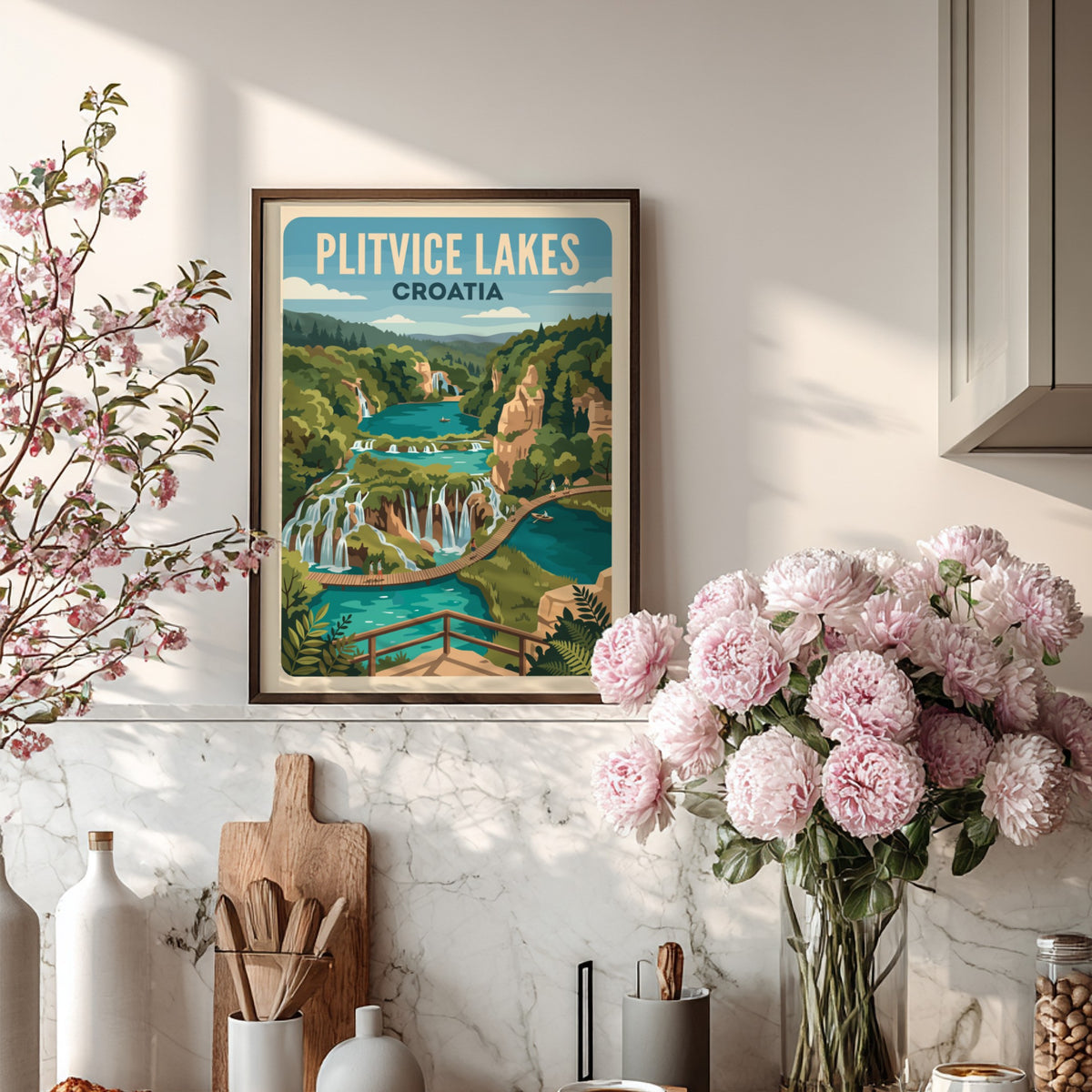 Plitvice Lakes Croatia travel poster featuring cascading waterfalls and turquoise pools in vintage style