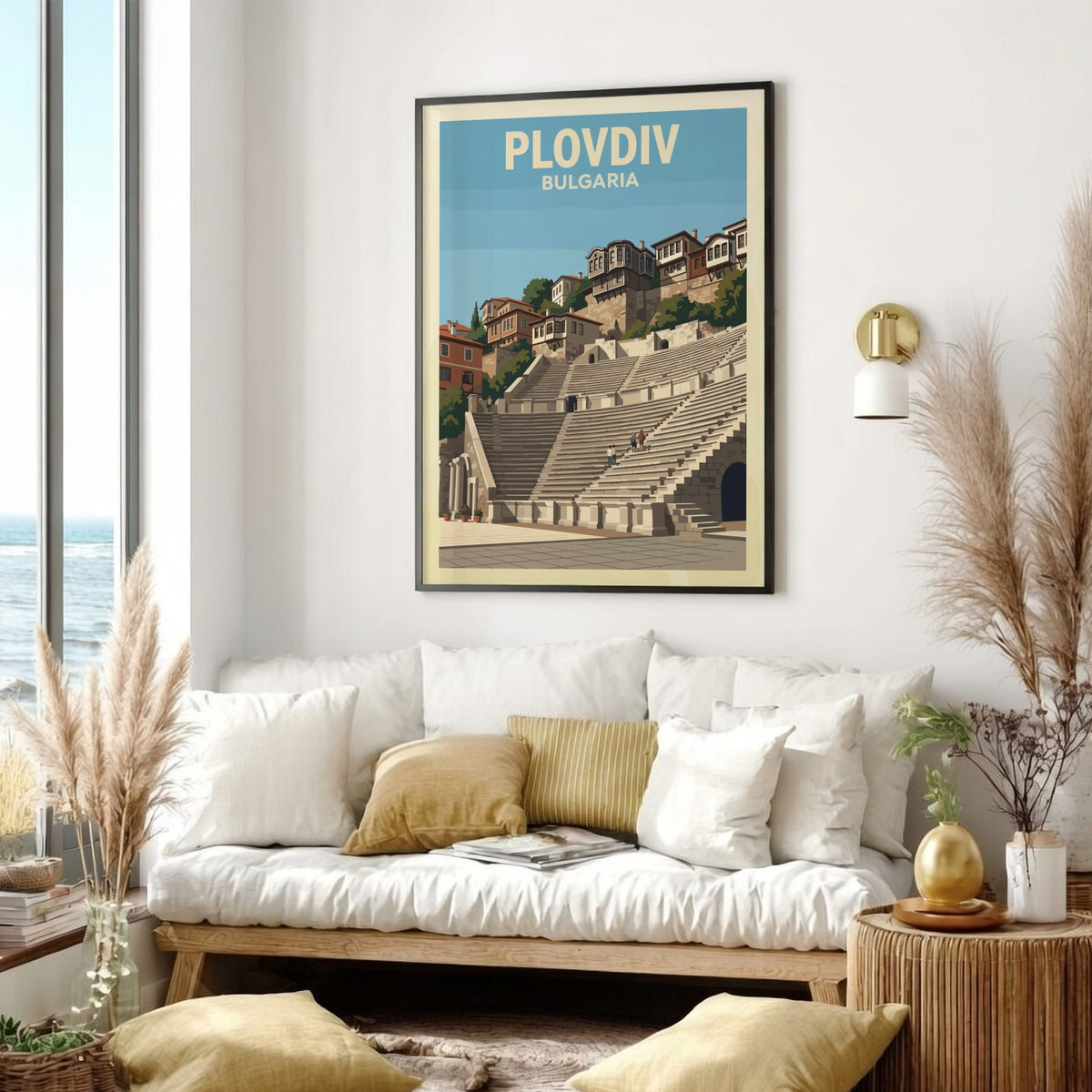 Poster of Plovdiv Bulgaria featuring an ancient Roman theatre beneath historic hillside houses.