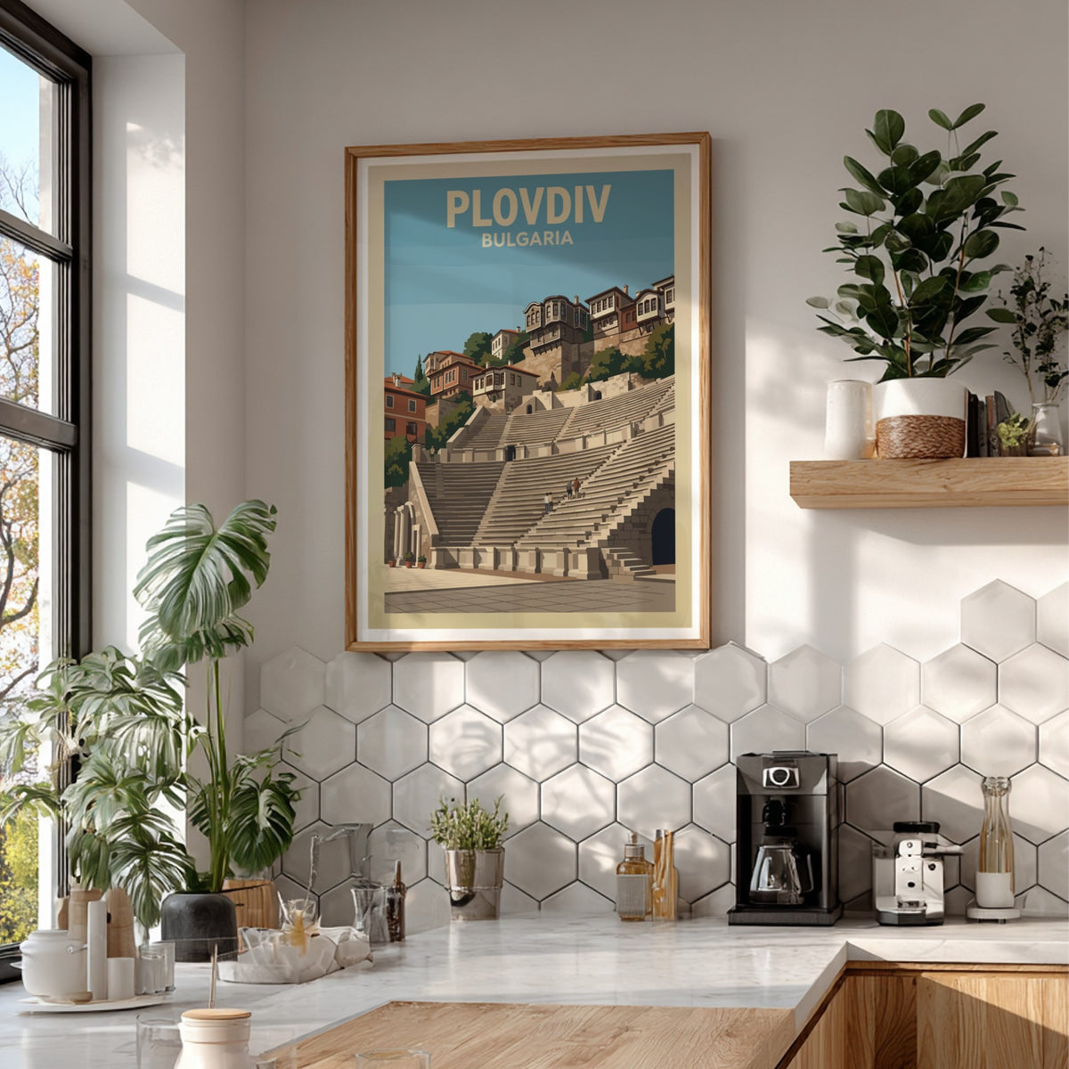 Poster of Plovdiv Bulgaria featuring an ancient Roman theatre beneath historic hillside houses.