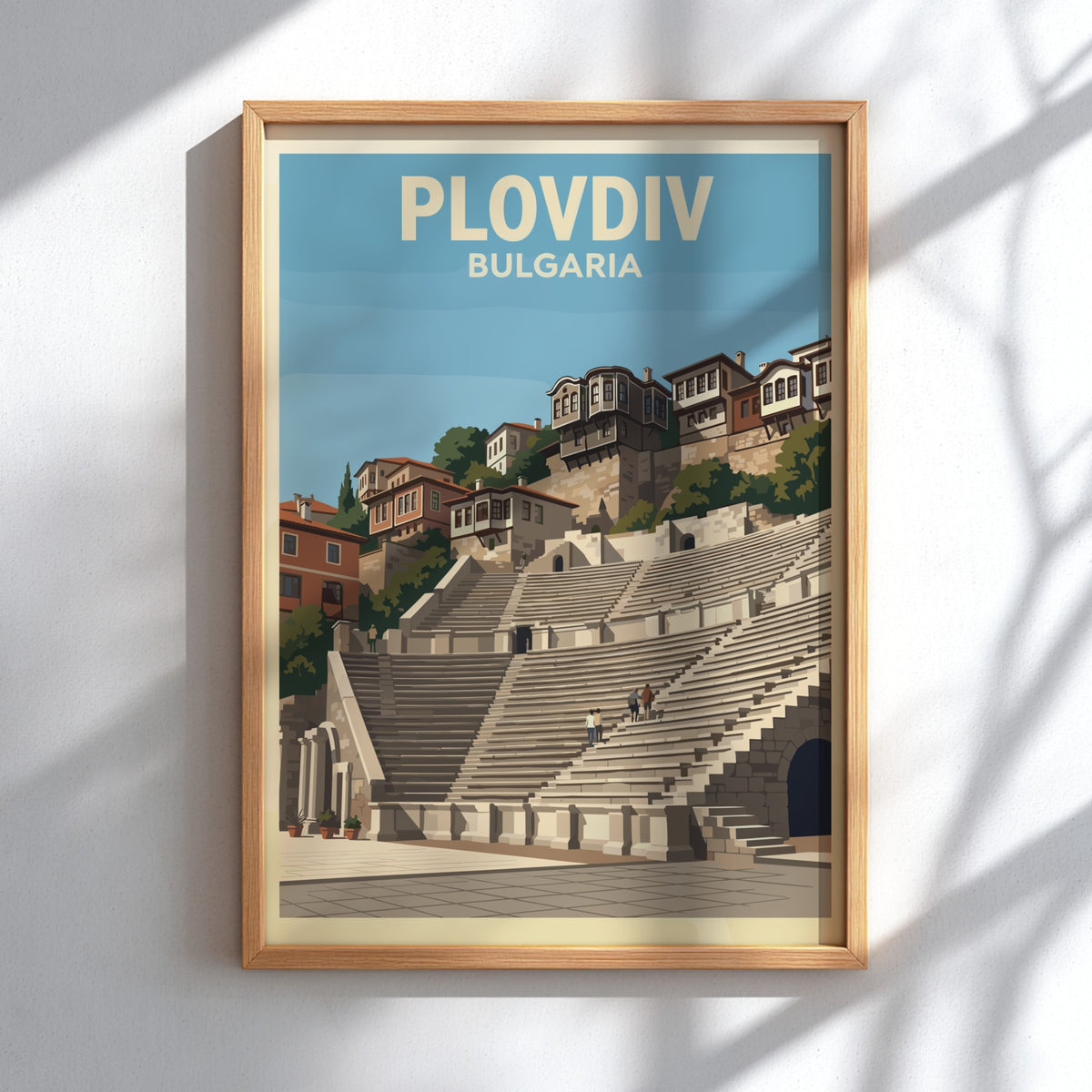 Poster of Plovdiv Bulgaria featuring an ancient Roman theatre beneath historic hillside houses.