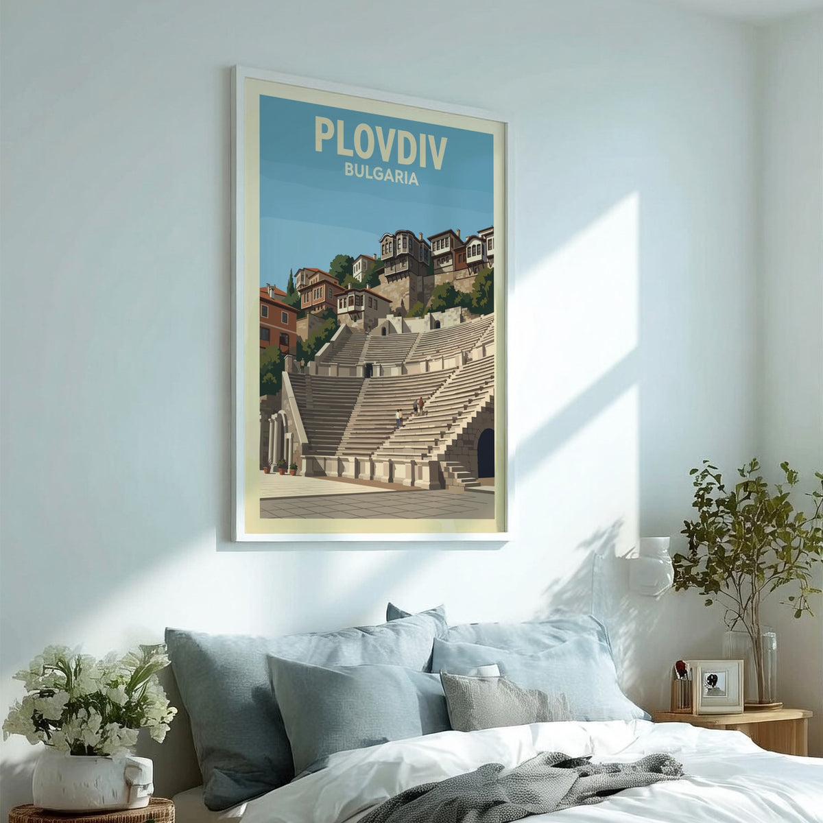Poster of Plovdiv Bulgaria featuring an ancient Roman theatre beneath historic hillside houses.